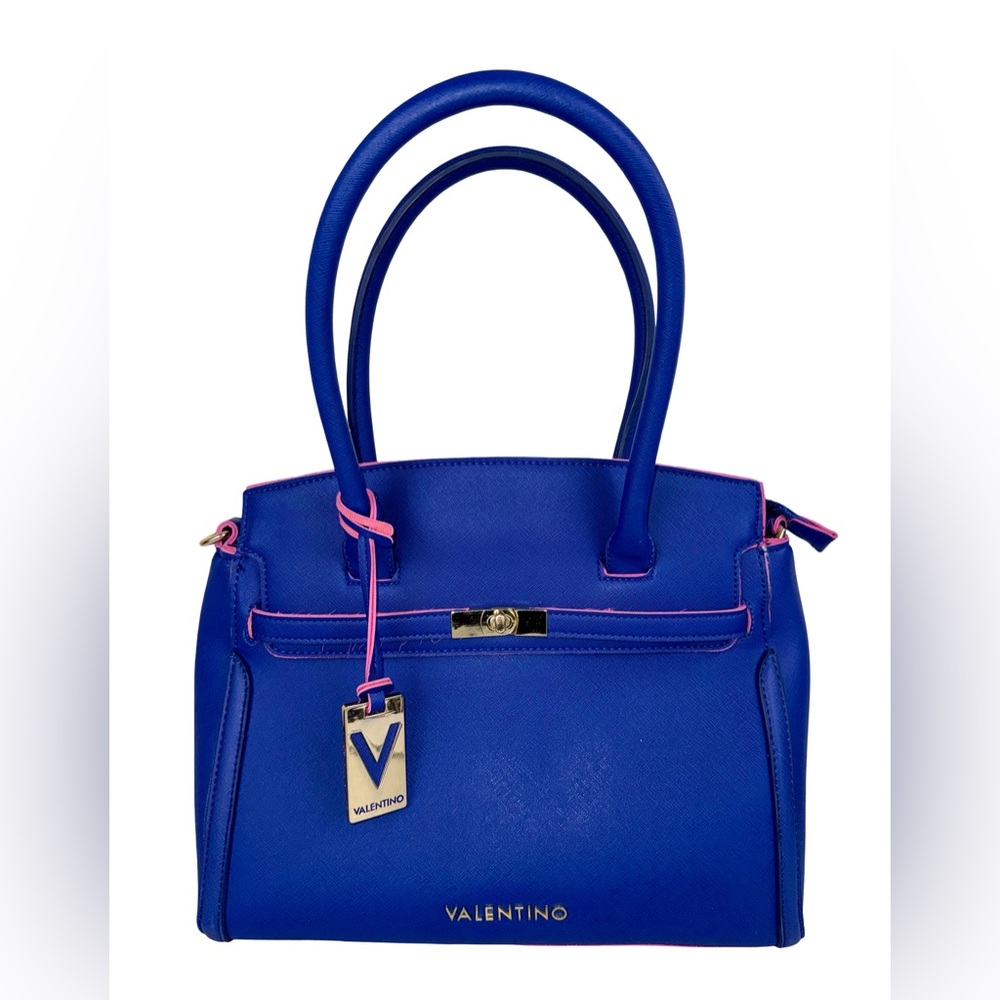 VALENTINO by MARIO VALENTINO BLUE SATCHEL HANDBAG WITH PINK TRIM